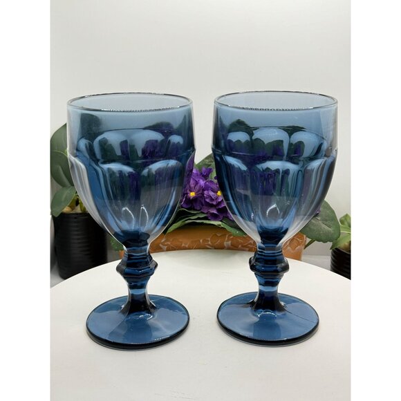 Pair Of Vintage Libbey Duratuff 6.75" Blue Gibraltar Goblet Water Iced Tea Glass - Picture 1 of 5
